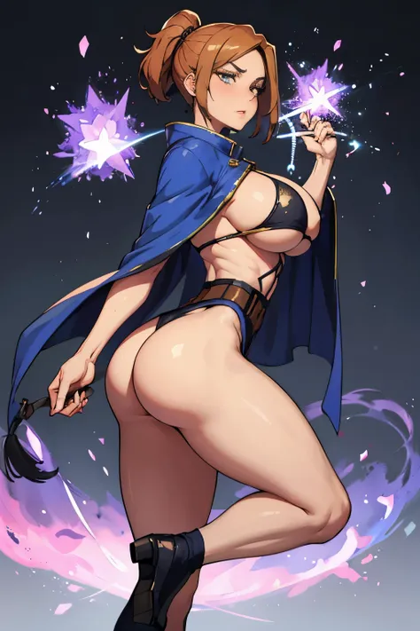 great quality, (1 women), very focused face, nobara, diamond face, perfect eyes, (wearing mage robe), mage robe, magic, (casting), pony tail, strong shadows, full body, detailed face, (casting spell), blue flashes of light, blue sparks, in battle, detailed...