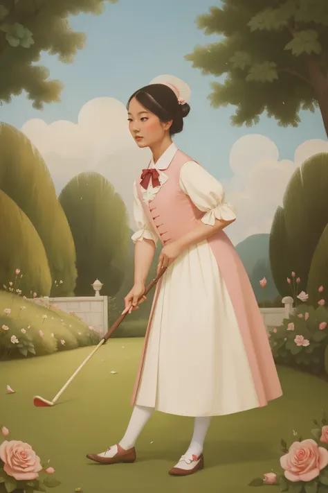 1770s Croquet Elegance at Rose Petal Manor (Location: Rose Petal Manor)
Character: An Asian adult, dressed elegantly in rose petals, engages in a game of croquet at Rose Petal Manor during the 1770s, echoing the traditional charm of Enid Blytons narratives...