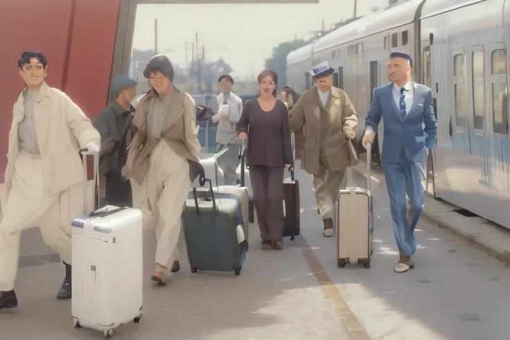 people walking with Luggage near a train station with a train, touristss, with many touristss, travel clothes, 🕹️ 😎 🔫 🤖 🚬, Wanderers from afar, tourists, touristss walking the streets, touristss, parody, mixed art, People fled, tourists, time touristss, n ...