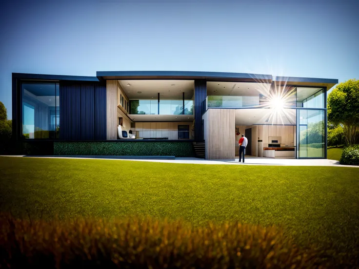 Modern Architecture House, In front of glass field and road, People Warking around, noon