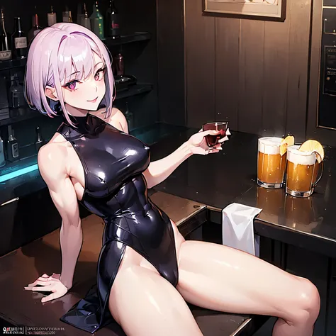 (((1girl) ,pale skin, Masterpiece, ultra quality)), purple short hair, red eyes, posing to pictures, muscle body,strong body,sexy black dress,nsfw,  oiled body, drinking a beer, smiling, on a bar