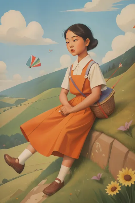 1930s Rolling Hillside Kite Flying (Location: Rolling Hillside)
Character: An Asian teen girl, with a vibrant kite in hand, enjoys kite flying on the rolling hillside during the 1930s, echoing the idyllic scenes of Enid Blyton.