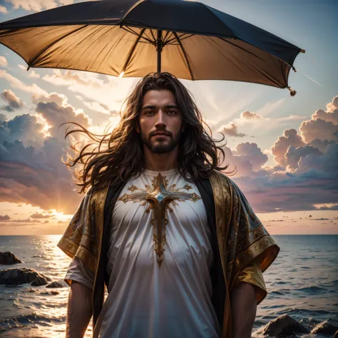 sunset spacious sunrise sunshine, a handsome god jesus christ ( jesus) blessing to the sky 35 years old with a long brown hair a...