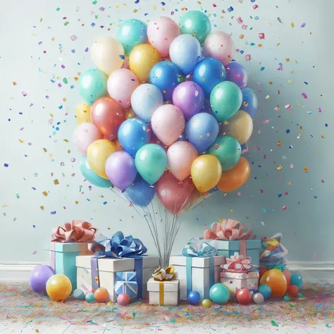 balloons and presents are in a room with confetti, party balloons, birthday wrapped presents, balloons, gifts, happy birthday, baloons, lighthearted celebration, birthday party, celebrating a birthday, presents, happy!!!, shutterstock, holiday season, ball...
