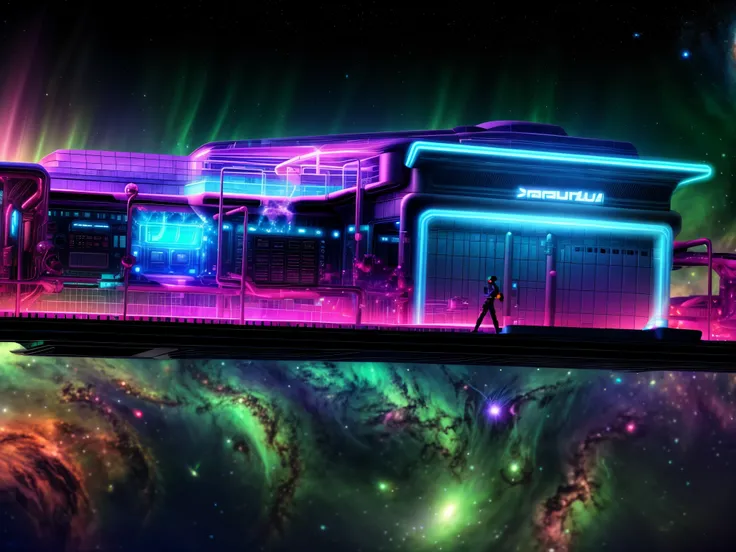 futuristic building, against space and galaxy nebula, spacecraft floating around, neon light, neon, rgb color,