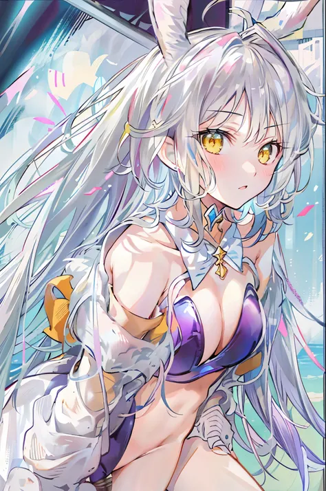 ice, 1 girl, alone, silver hair, long hair, straight hair, yellow eyes, Sunny, Are standing, bunny costume, playboy bunny, Sexy armpits