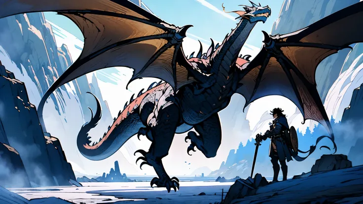 In the style of Ivan Bilibin and Arthur Rackham, An adventurer donned in silvery-blue lightweight armor, brandishing a dazzling azure-hued holy sword, confronts a colossal malevolent black dragon, The sky is obscured by a dark mist, and the dragons ominous...