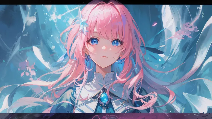 Chica anime con cabello rosado y ojos azules con un vestido azul., retrato, caballeros del zodiaco, little girl, detailed arte animado digital, hermoso retrato animado, anime girl with cosmic hair, Cabello rosado y ojos cian., estilo anime 4k, arte animado...