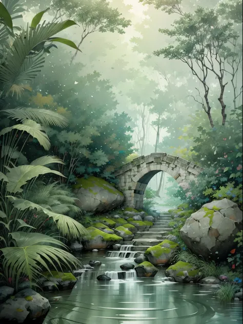 Chinese ancient times, spring, jungle, lake, cave, waterfall, tree, meadow, rock, deer, hot spring, water vapor, (illustration: 1.0), epic composition, realistic lighting, HD details, masterpiece, best quality, (very detailed CG unified 8k wallpaper)