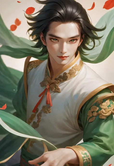 (male character design), whole body, Staring at the camera,
Close-up of a beautiful Chinese girl named Song Yu making tea, With silver curls and thick hair. Song Yu&#39;s facial features are correct，Symmetrical face shape. His eyebrows are long and thick, ...