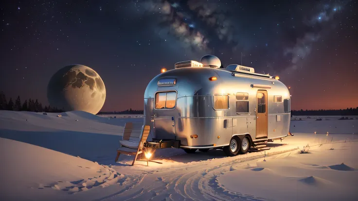 Vintage Airstream trailer on the lunar surface, Small space suitcase lying on the floor, starry sky background, Very small earth globe in the sky