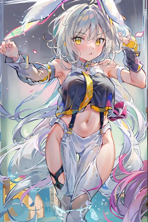 ice, 1 girl, alone, silver hair, long hair, straight hair, yellow eyes, Sunny, Are standing, bunny costume, playboy bunny, Sexy armpits