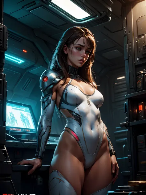 Remy LaCroix, Perfect Face, Perfect body, bodybuilder, White Swinsuit armored cyberpunk, Pretty Features, Spaceship Interior, Wadim Kashin, James Gurney, INK, Splash Art", Royo, Sharp Focus, Emitting Diodes, Smoke, Artillery, Sparks, Racks, SYSTEM Unit, Mo...