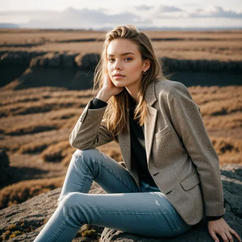 Half-length photo of 20-year-old Icelandic beauty, extremely detailed eyes, pretty face, Delicate natural skin and pores, sitting cross-legged on a rock, Looks calm., oversized suit jacket, skinny jeans, loafers, shoulder bags, earrings, (commend, Bokeh), ...