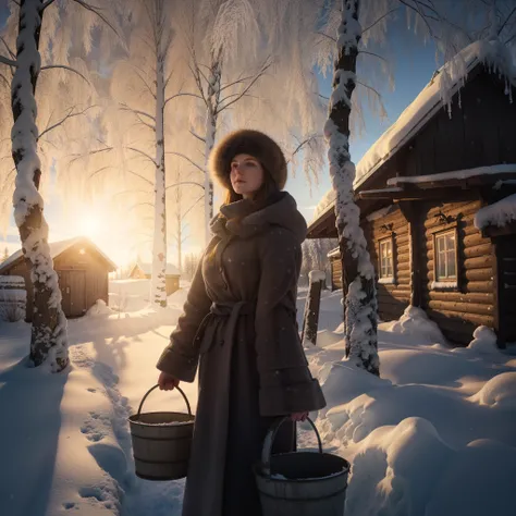 a woman in a winter coat carries buckets in a snowy area with a hut in the background, based on Ivan Kramskoy, Photo by Alexei Gurilev:, kramskoi 4 k, traditional russia, by Mikhail Evstafiev, Winter environment, inspired by Konstantin Vasilyev, based on A...