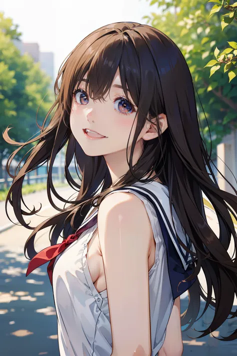 a beauty girl，Brown-eyed、light brown hair，The long-haired、Hair fluttering in the wind、big eye，A slender，Manga style，fulcolor，hi-school girl，、lightly dressed、Open eyes、Wide-eyed and smiling、Opens mouth and laughs