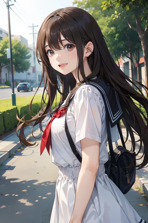 a beauty girl，Brown-eyed、light brown hair，The long-haired、Hair fluttering in the wind、big eye，A slender，Manga style，fulcolor，hi-school girl，、lightly dressed、Open eyes、Wide-eyed and smiling、Opens mouth and laughs