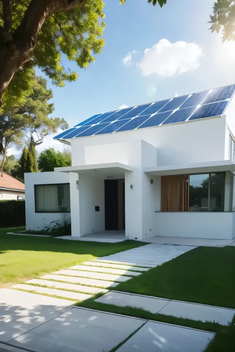 Incomparable masterpiece, perfect artwork, modern house with solar energy, clean lines and sleek design, green roof tops glistening under the sun, intricate solar panel details, ultra high resolution, (photorealistic:1.4), minimalist interior, white walls ...