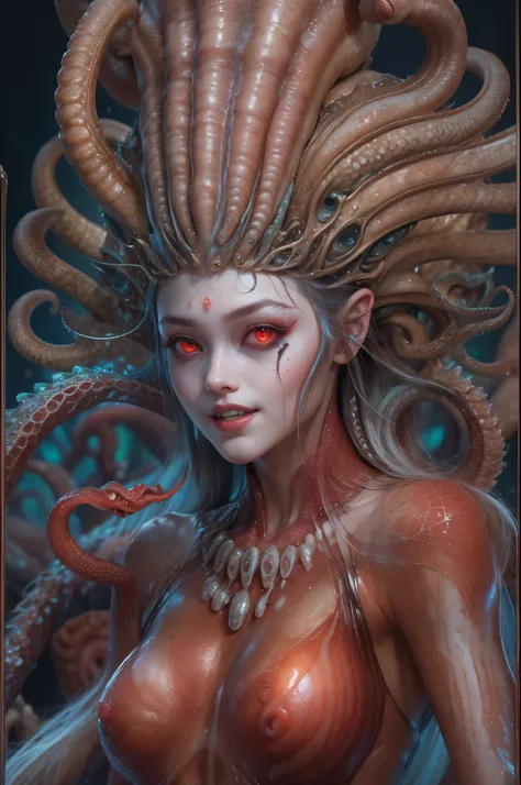 scary and sexy detailed art in color, Portrait, (beautiful and obscene female alien:1.4), (vulgarity1.5), (she has glowing red eyes with no pupils:1.8), (Translucent skin:1.7),  ((There is a female genital-like organ in the middle of the forehead:1.9)), (T...