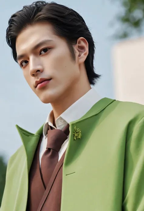 (male character design), whole body, Staring at the camera,
(Close-up of Chinese handsome boy Song Yu making tea), (浓密的curls: 1.1), (curls), (Wearing a modern and stylish light green jacket), Song Yu&#39;s facial features are correct, His face is symmetric...