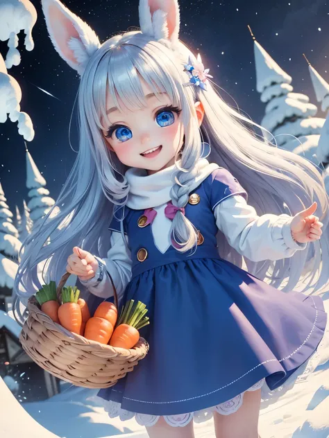 best image quality、fairy tale world、A fun and cute smile、best smile、chibi character、super deformed、big head and small body、very cute little girl、long silver hair、Surprisingly big blue eyes that shine、skiing in a snowy landscape、Lots of delicious looking ca...