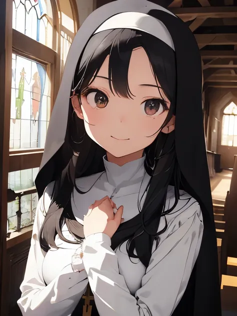 High resolution、Super detailed、Illustration cute、(１black haired woman、long straight hair、slender body shape、small breasts、nun)、church with light、Lighting from behind、look up、(peaceful smile)、(close your eyes)、(Fold your hands in front of your chest)、Get on...