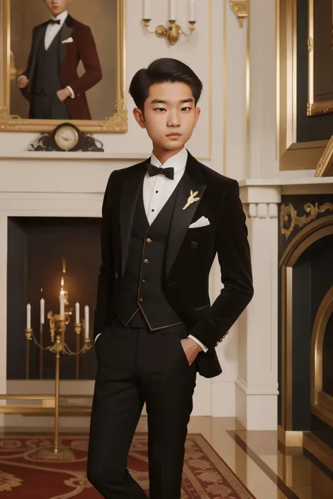 In the opulent ballroom of an aristocratic mansion in the 1900s, a seventeen-year-old Asian boy, impeccably dressed in a tailored suit, twirls a pocket watch as he stands near an ornate fireplace, surrounded by velvet drapes and gilded furniture.