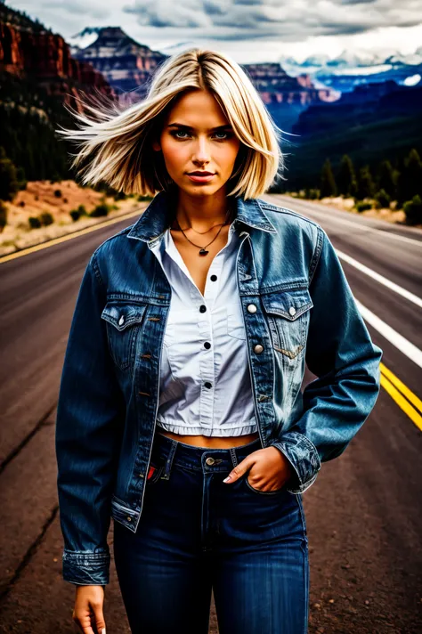 1 girl, Lovely, denim jacket, white top, jeans, Gloves, blond, short hair, bob hair, hair side parting, blue eyes, dynamic poses, Portray a group of characters in various action scenes, From intense battles to relaxing moments, With dramatic speed lines an...