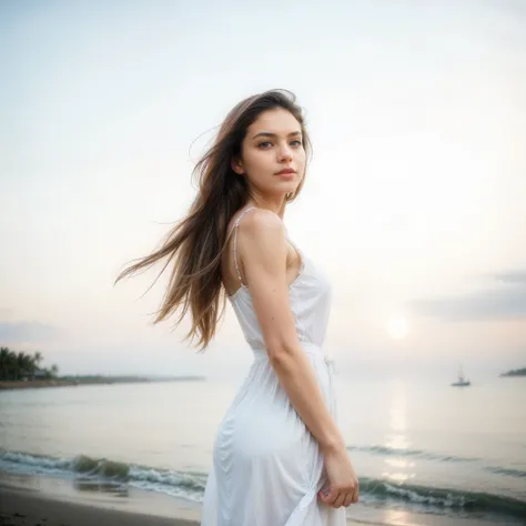 1 girl,kawaii,Detailed face,looking at the audience,focus,masterpiece,best quality, high resolution,8k,complex,elegant,Very detailed,Dynamic lightingBREAKLong hair flows elegantly in the gentle sea breeze,The fading sunlight casts warmth, The ethereal ligh...