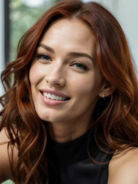 Eine Frau, 26 Jahre alt, with dyed curly red hair, Mischung aus 10% Megan Fox und 15% Gal Gadot und 20% Blake Lively, 172cm height, 68kg Gewicht, clear green eyes, lange Wimpern, perfekt geformte Augenbrauen, slim and well-defined body, curvy body, thin no...