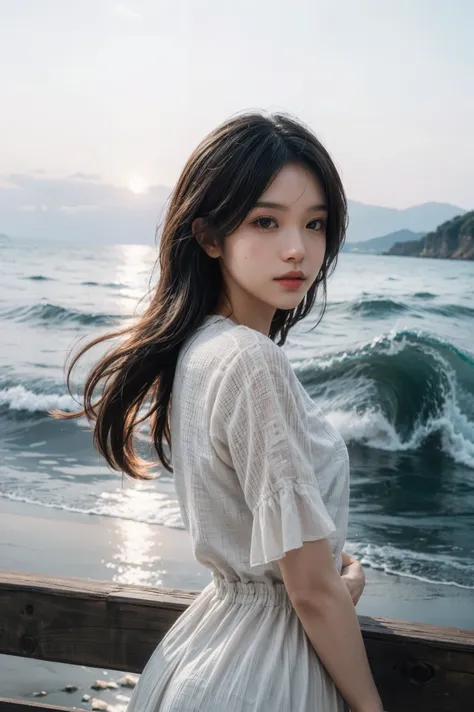 1 girl,kawaii,Detailed face,looking at the audience,focus,masterpiece,best quality, high resolution,8k,complex,elegant,Very detailed,Dynamic lightingBREAKLong hair flows elegantly in the gentle sea breeze,The fading sunlight casts warmth, The ethereal ligh...