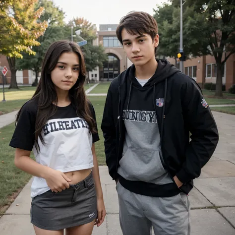 Teenage boy and girl in university outfit.