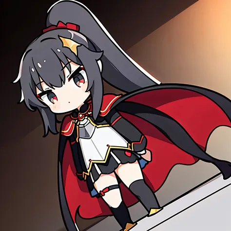 A cute paladin girl with long black colored wavy hair in a half ponytail black, grey colored eyes, white skin, and a red cape with heavy silver armor, she’s holding a spear looking fearless.