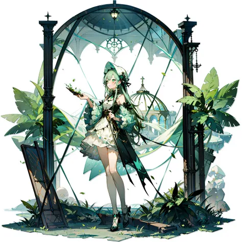 masterpiece,best quality, (white background:1.5) 1girl, far shot, full body, green circle, fairy, fantasy, magic, green leafs, d...