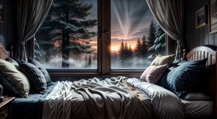 ((Night)), stars in the dark night, Countryside, Over the bed in the shabby brown wooden house in the forest, the gray satin sheets and quilt covers, the tall trees outside the big window, angled focus on the window, pouring rain, The wind is howling, the ...