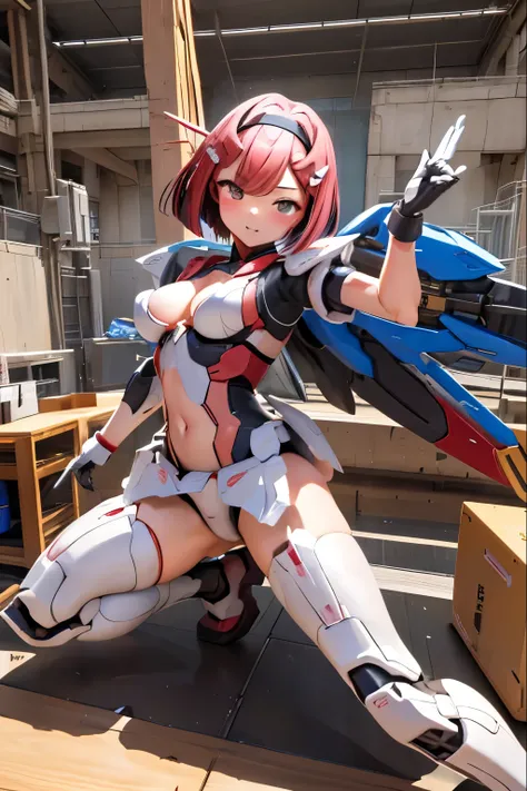 ((masterpiece, hyper quality, highly detailed)), photo realistic, realistic, (ultra high definition: 1.2), High resolution 16k, (Skin texture must be natural:1.5), (完璧な解剖学),3D,japanese high school girl wears only a futuristic Gundam mecha,(Gundam mecha), G...