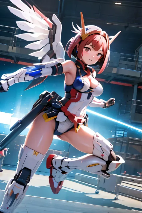 ((masterpiece, hyper quality, highly detailed)), photo realistic, realistic, (ultra high definition: 1.2), High resolution 16k, (Skin texture must be natural:1.5), (完璧な解剖学),3D,japanese high school girl wears only a futuristic Gundam mecha,(Gundam mecha), G...