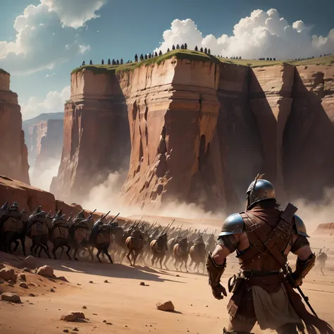 A battle is beginning in the canyon between many Spartan soldiers and a very large Persian army., high detail, conceptual art, cinematic lighting, ultra-wide angle, Hasselblad, UHD, masterpiece, anatomically correct, super detail, best quality, 1080p, 4K