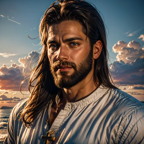 sunset spacious sunrise sunshine, a handsome god jesus christ ( jesus) blessing to the sky 35 years old with a long brown hair a...