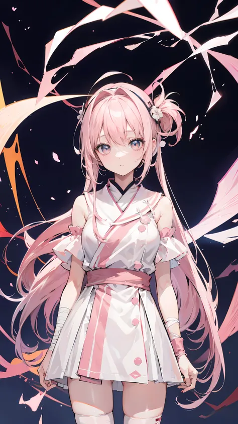 Two-dimensional anime wallpaper，light pink hair，，Sakura hair accessories，girl，white短袖系带式校服，The arm is wrapped in a bandage，light gray mini skirt，Bandages wrapped around his head，medium build，Hair a little messy，With a dull expression，warm color palette，whi...