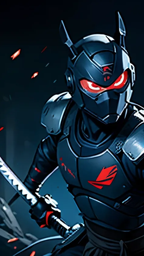 Ninja robot, with katana, and ROG logo on the chest