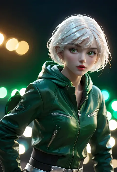 1 girl, vague, vague background, Bokeh, depth of field, glow, green eyes, halo, hood, hood down, jacket, Leather, Leather jacket, lips, looking at the audience, night, short hair, alone, Upper body, white hair