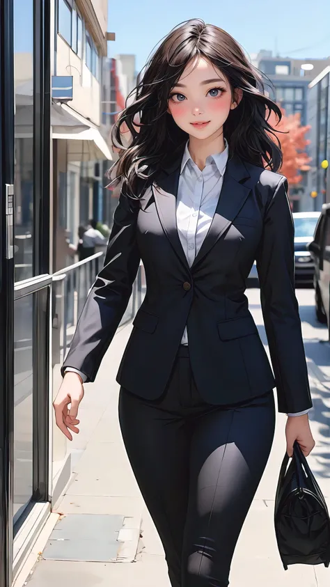 woman, business suit, perfect body, thick thighs, wavy hair, walking pose, city hall, natural light