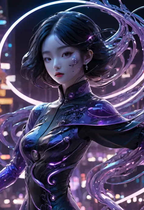 1 girl， Chinese_clothing， liquid purple titanium black， Online Hanfu， On the cheongsam， Cyberpunk City， dynamic poses， Details Illuminated Headphones， Luminous hair accessories， long white hair， Luminous earringss，glow necklace，cyberpunk character， a high-...