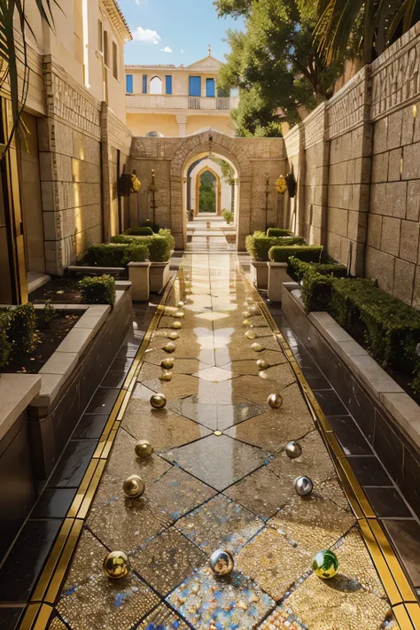 fantasy pathway adorned with glistening marbles and intricate mosaics, marble sculptures, golden embelishments, 4k, high detail