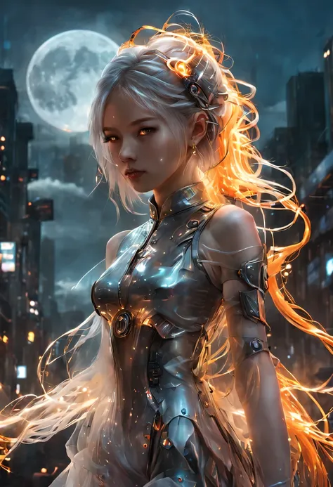 1 girl, chinese_clothing, liquid silver and orange, cyberhan, cheongsam, cyberpunk city, dynamic poses, detailed illuminated hea...