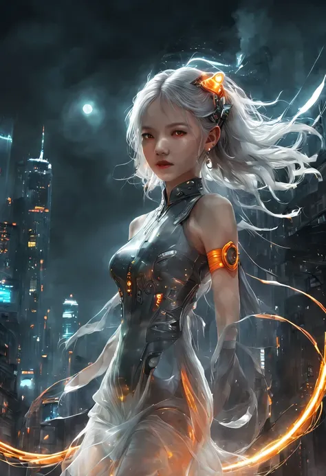 1 girl, chinese_clothing, liquid silver and orange, cyberhan, cheongsam, cyberpunk city, dynamic poses, detailed illuminated hea...