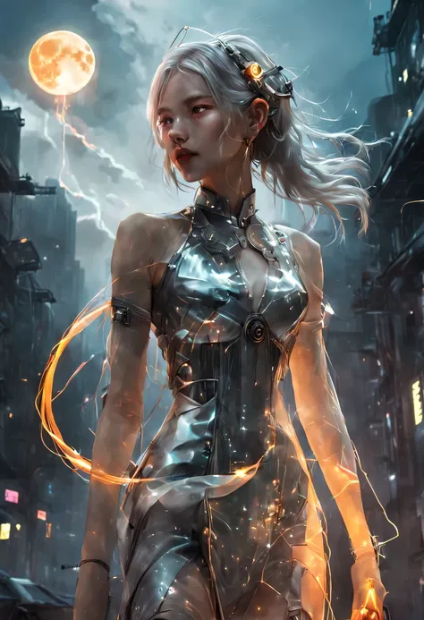 1 girl, chinese_clothing, liquid silver and orange, cyberhan, cheongsam, cyberpunk city, dynamic poses, detailed illuminated hea...