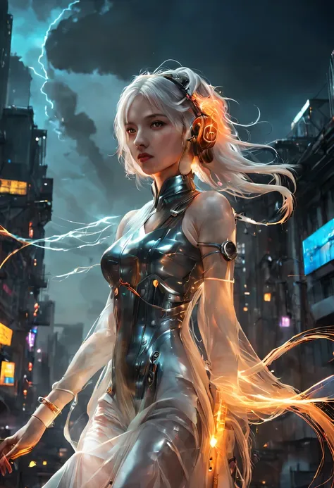 1 girl, Chinese_clothing, liquid silver and orange, cyberhan, cheongsam, cyberpunk city, dynamic poses, Detailed illuminated headphones, Luminous hair accessories, long hair, Luminous earringss, glow necklace, cyberpunk, Hi-Tech City, full of mechanical an...