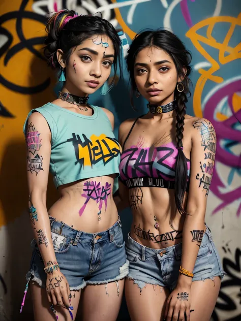 masterpiece, best quality, 2 indian girls, posing together, full sleeve blouse, denim shorts, choker, (graffiti:1.5), paint spla...